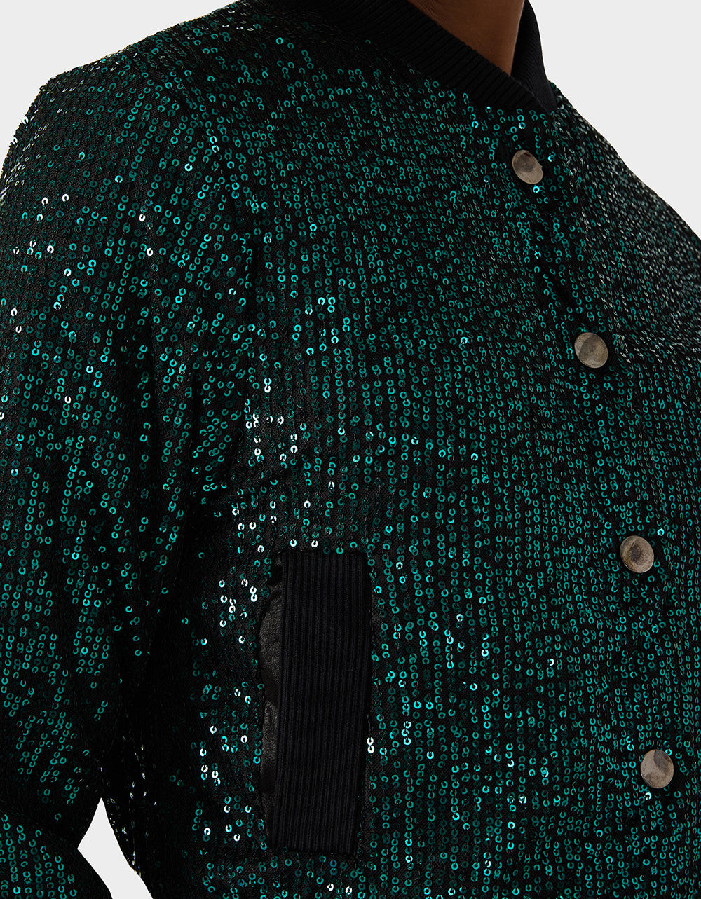 GLITTERATI BOMBER JACKET EMERALD GREEN Women's Green Sequin Bomber Jacket