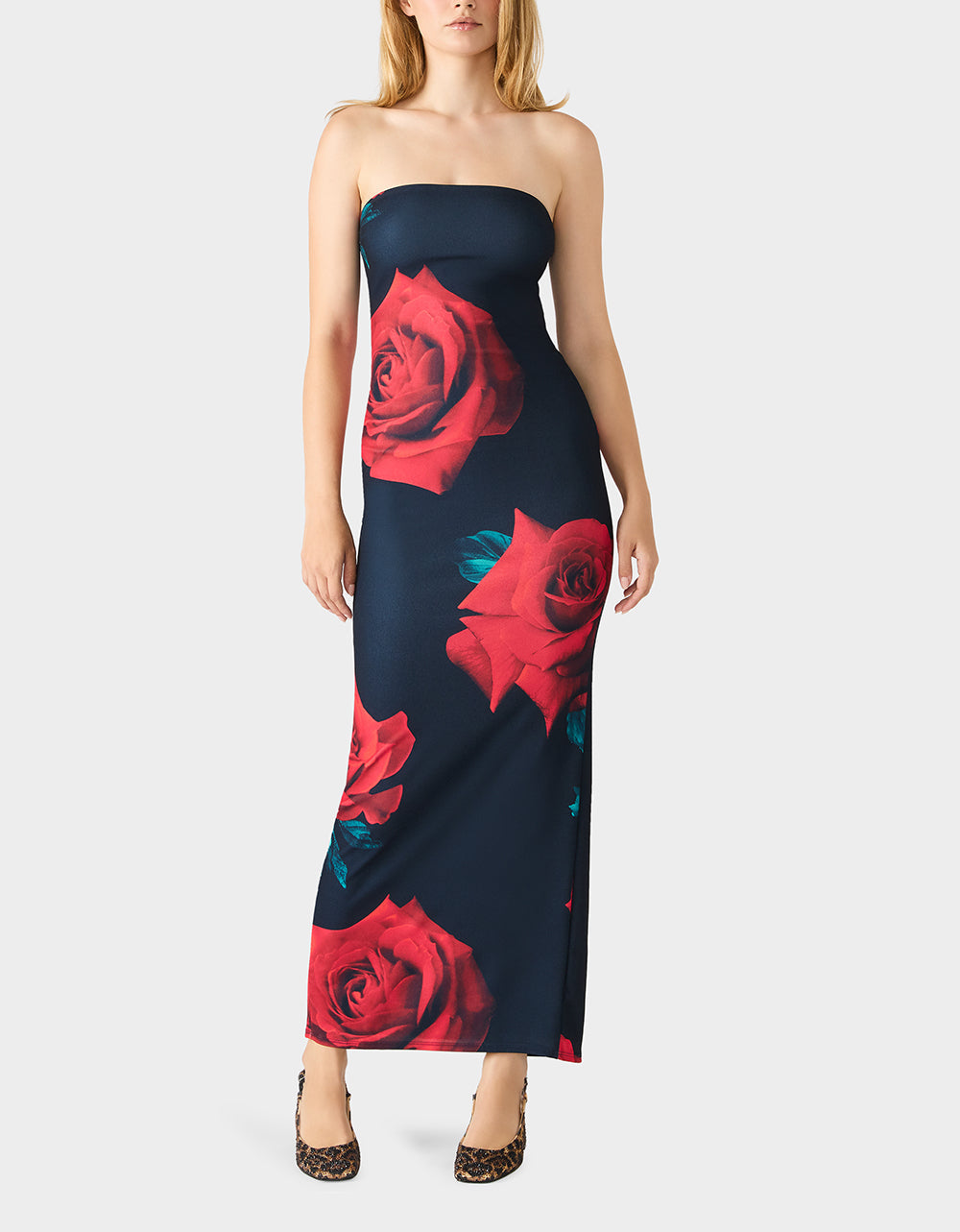 ROSE REVERIE DRESS RED Women's Floral print Maxi Strapless Dress