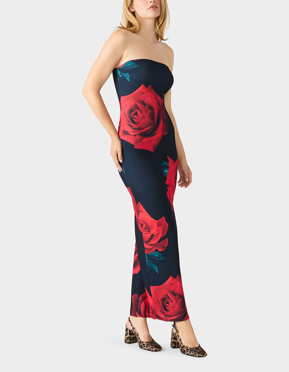 ROSE REVERIE DRESS RED Women's Floral print Maxi Strapless Dress
