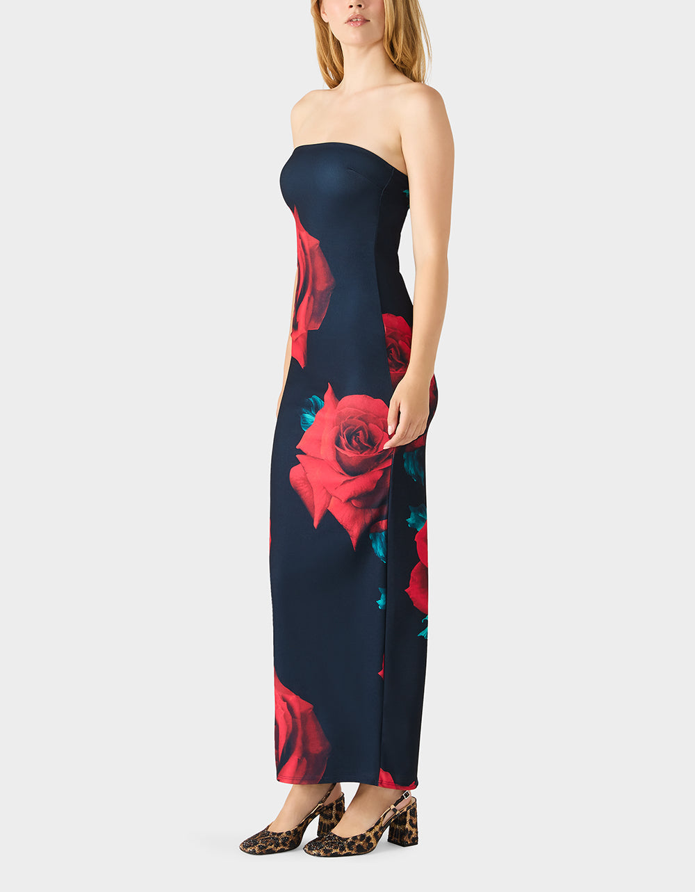ROSE REVERIE DRESS RED Women's Floral print Maxi Strapless Dress