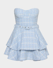BELTED TWEED DRESS LIGHT BLUE Women's Strapless Croset Dress