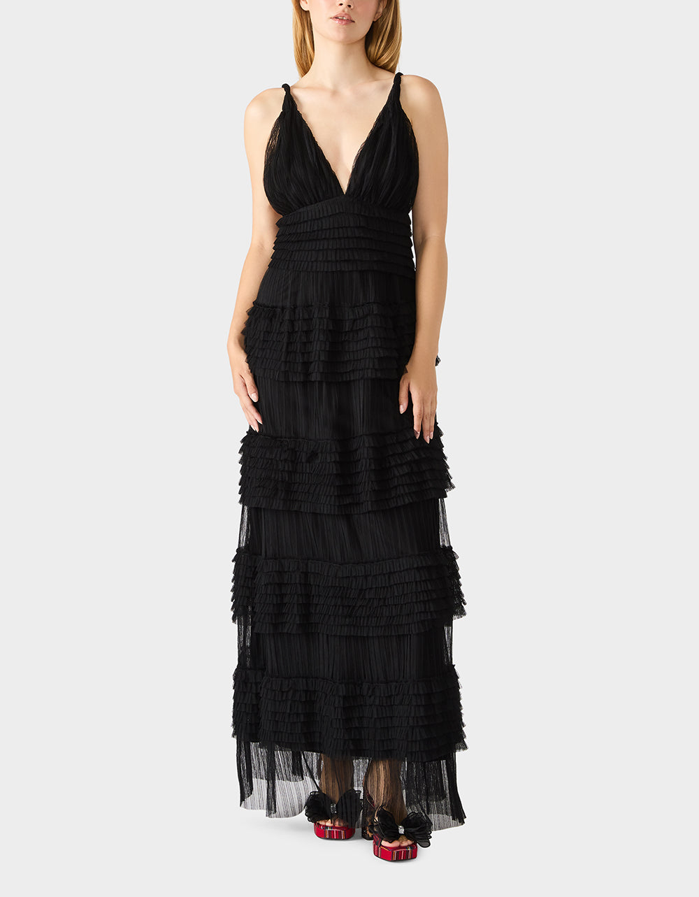 TIERED TULLE GOWN BLACK Women's Maxi Tulle Dress