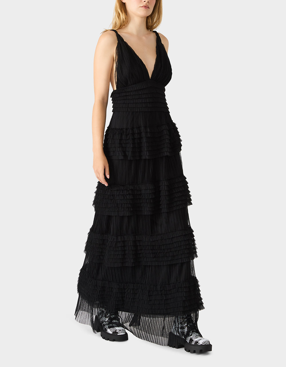 TIERED TULLE GOWN BLACK Women's Maxi Tulle Dress
