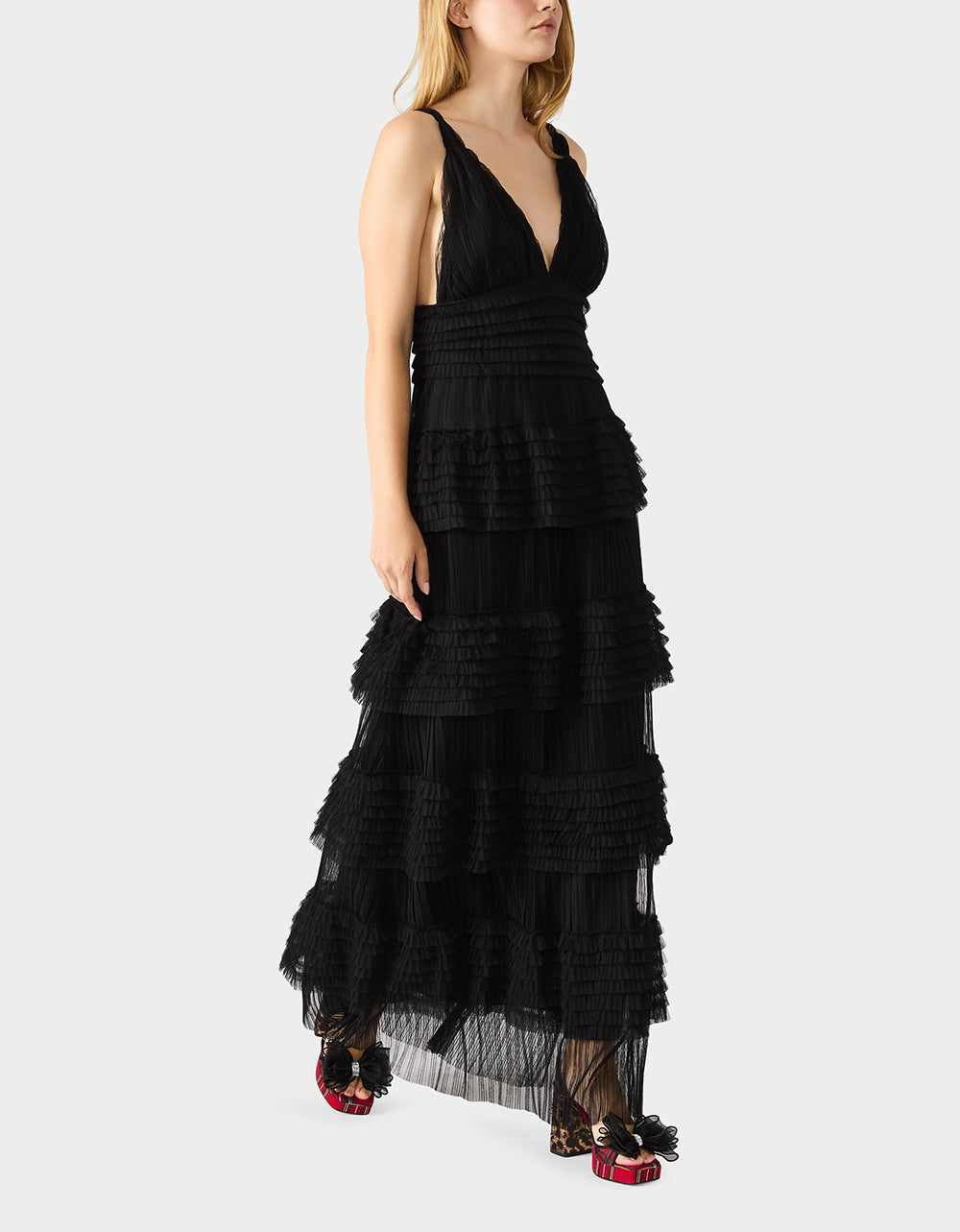 TIERED TULLE GOWN BLACK Women's Maxi Tulle Dress