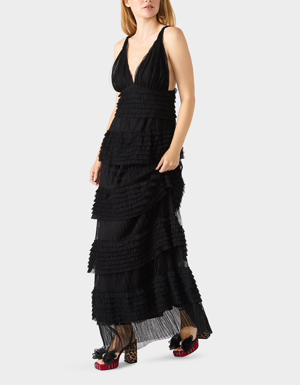 TIERED TULLE GOWN BLACK Women's Maxi Tulle Dress