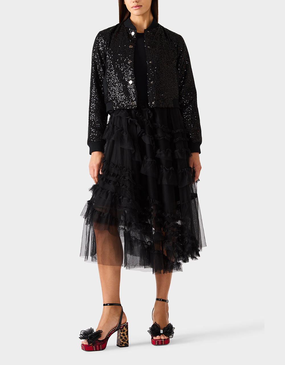 GLITTERATI BOMBER JACKET BLACK SEQUIN Women's Black Sequin Bomber Jacket