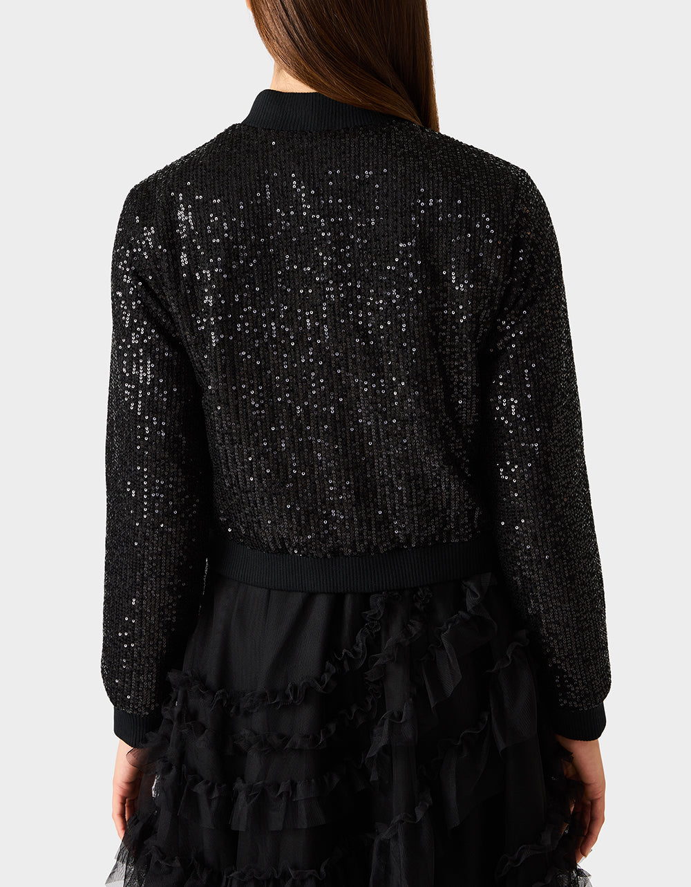 GLITTERATI BOMBER JACKET BLACK SEQUIN Women's Black Sequin Bomber Jacket