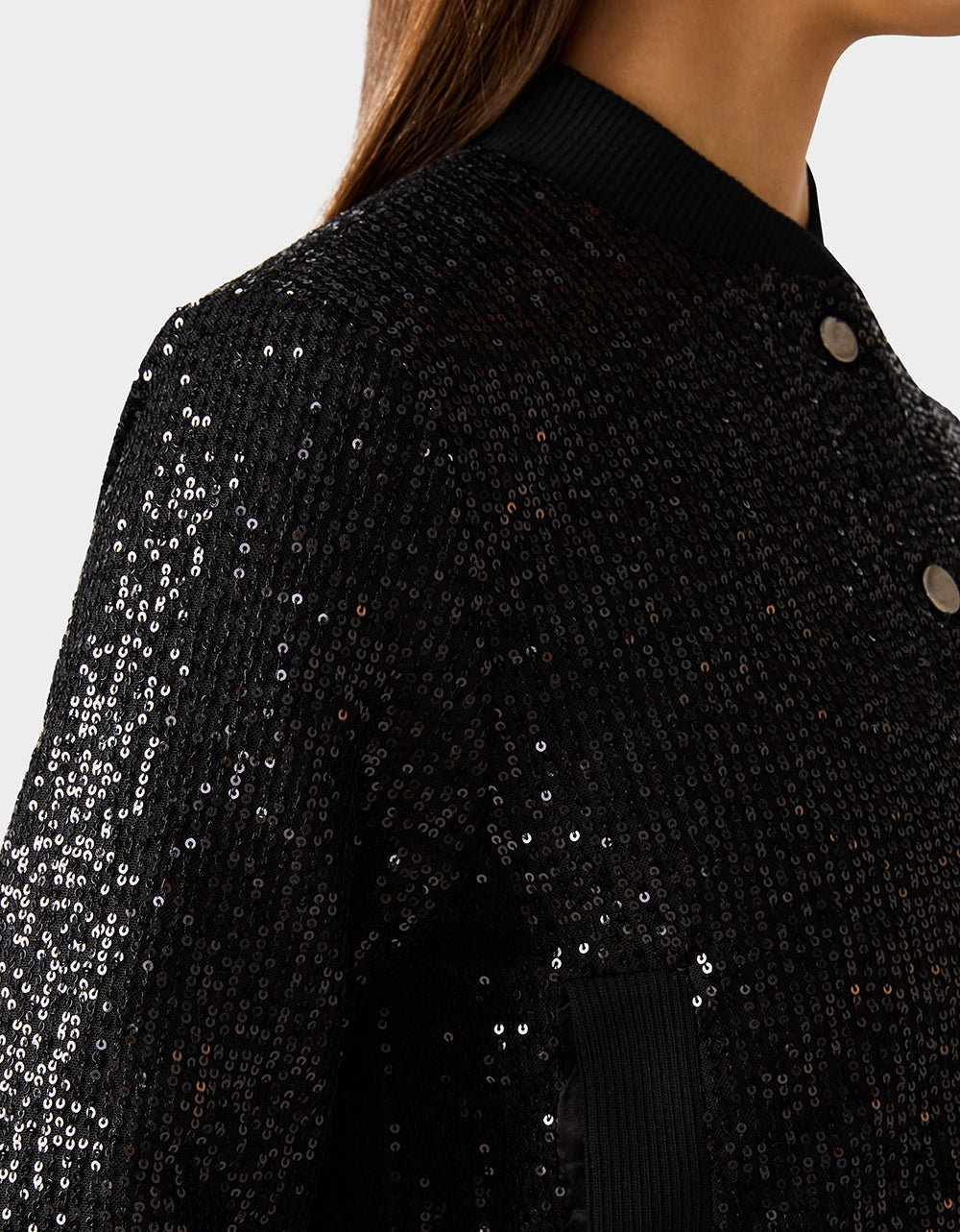 GLITTERATI BOMBER JACKET BLACK SEQUIN Women's Black Sequin Bomber Jacket