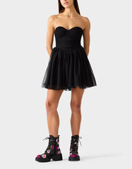 TULLE TWIRL DRESS BLACK Women's Black Strapless Tulle Mini Dress