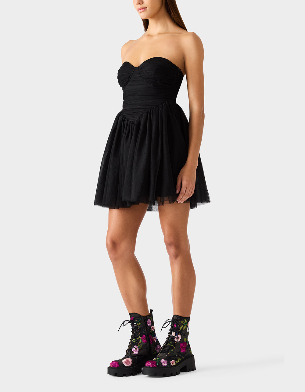 TULLE TWIRL DRESS BLACK Women's Black Strapless Tulle Mini Dress