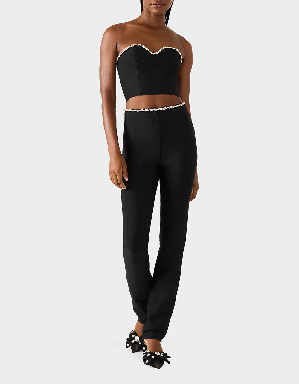 JEWELED SET BLACK Women's Black Crop Top and Pant Rhinestone Set