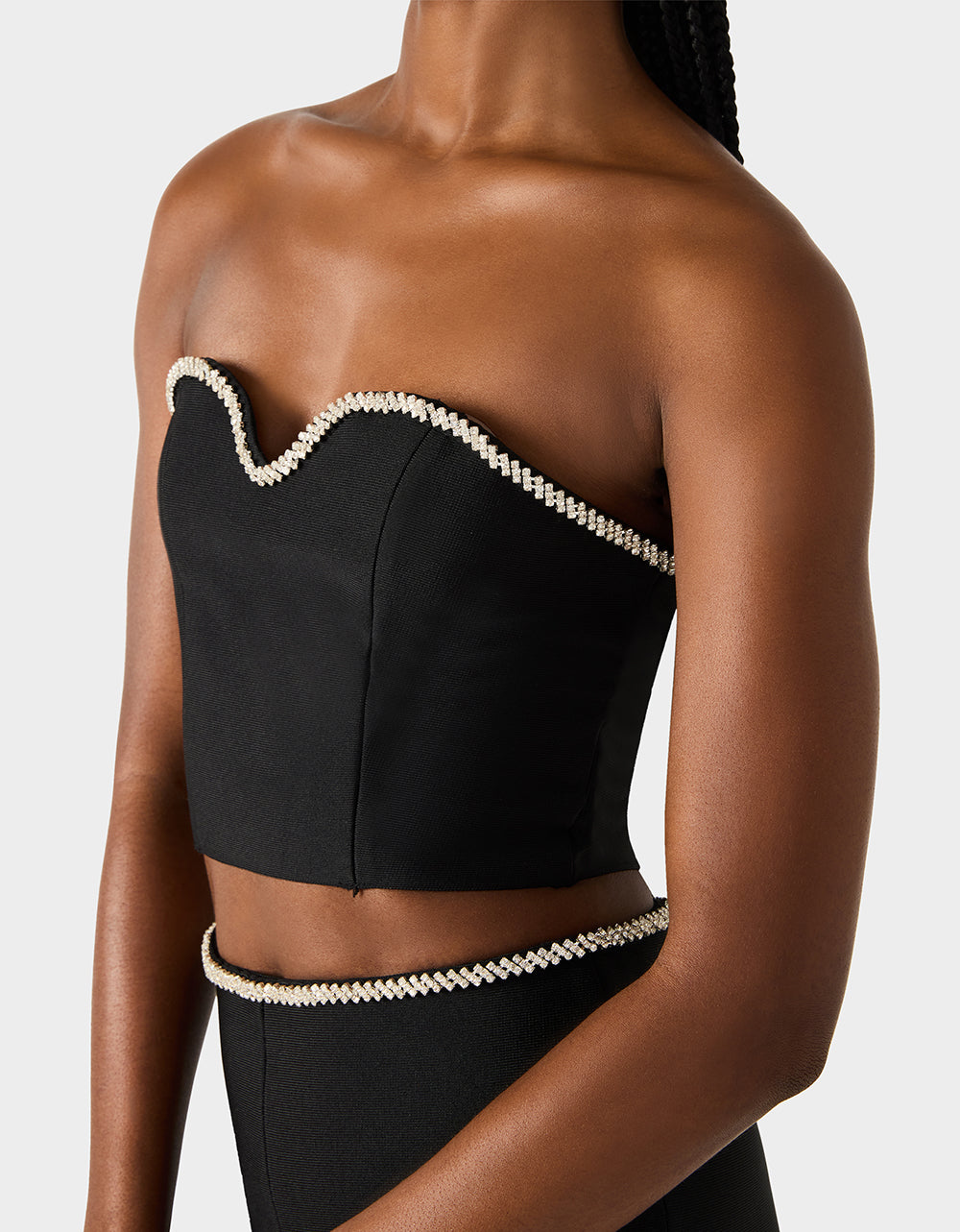 JEWELED SET BLACK Women's Black Crop Top and Pant Rhinestone Set