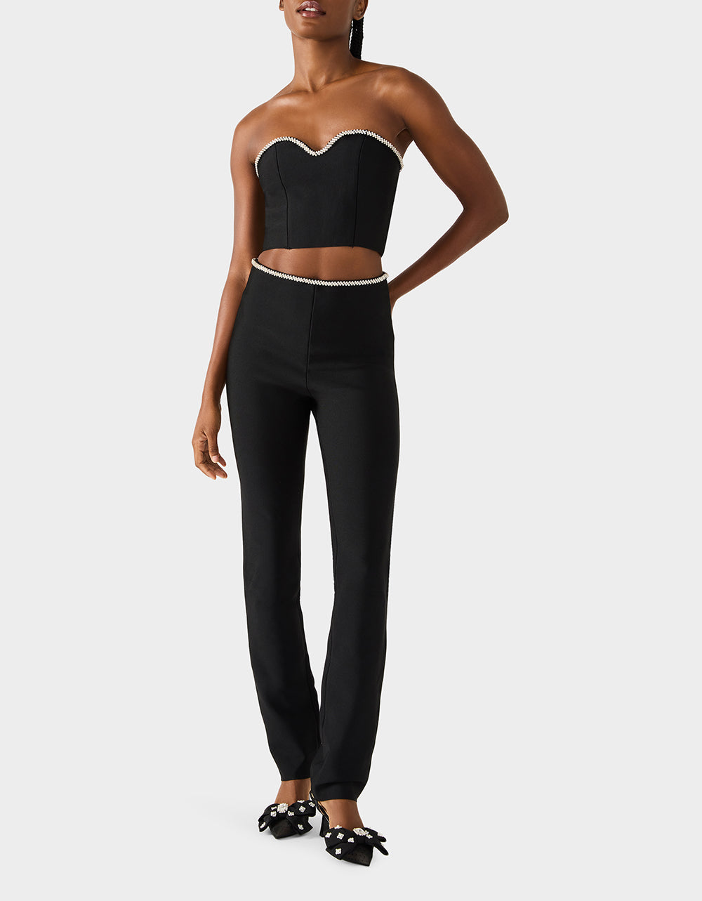 JEWELED SET BLACK Women's Black Crop Top and Pant Rhinestone Set