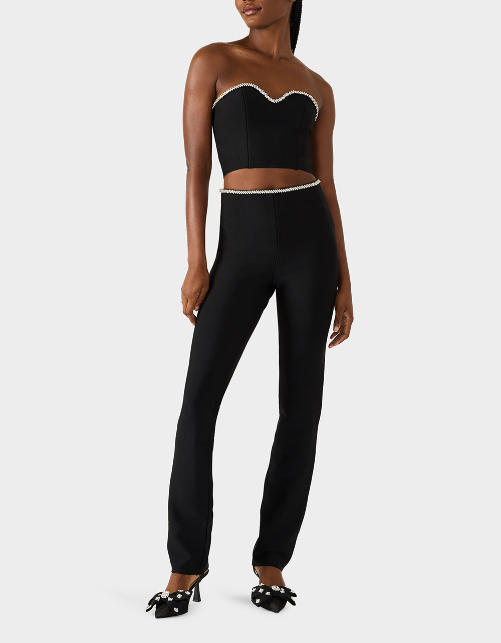 JEWELED SET BLACK Women's Black Crop Top and Pant Rhinestone Set
