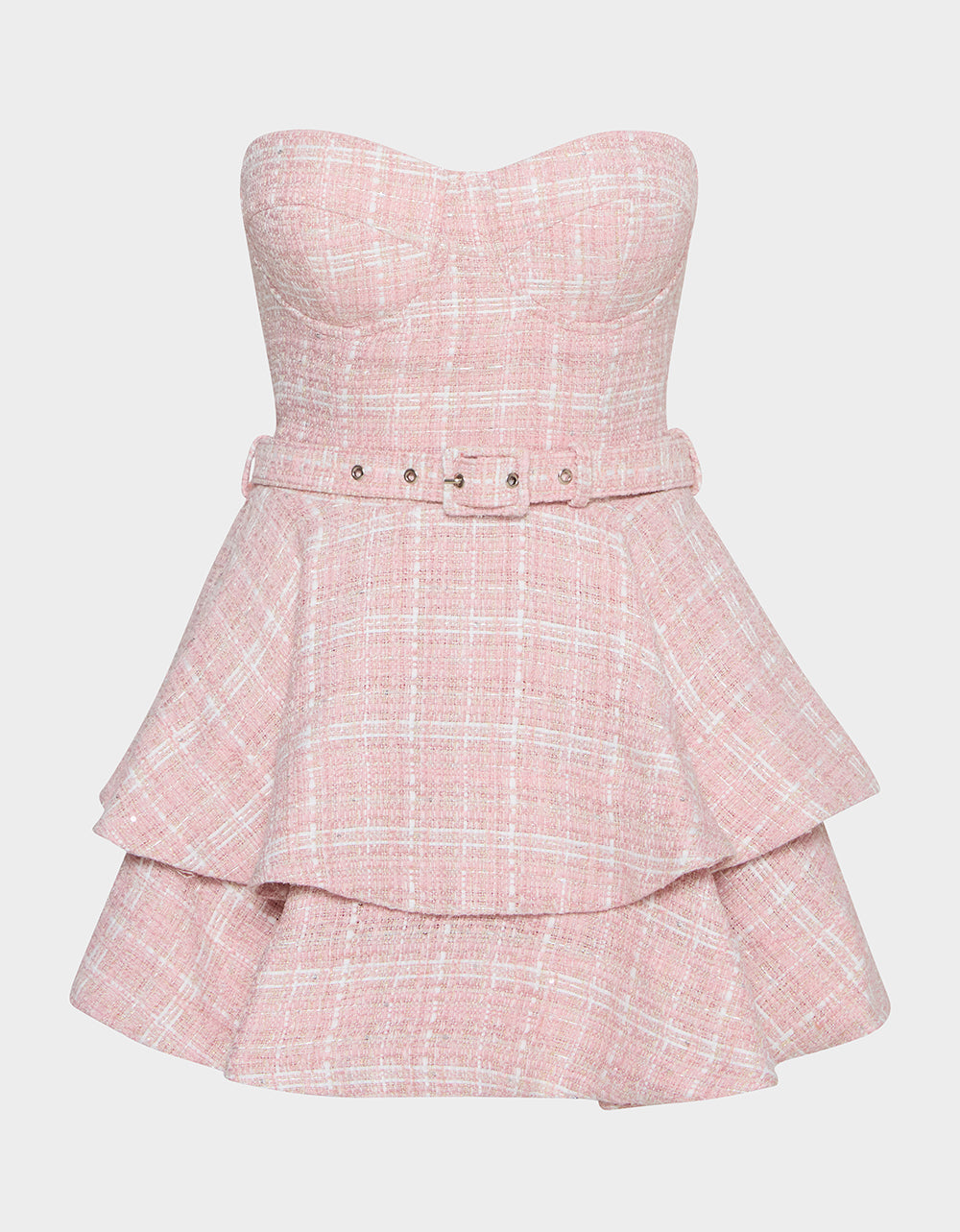 BELTED TWEED DRESS POWDER PINK Women's Strapless Croset Dress