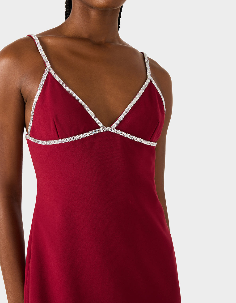 CRYSTAL SLIP DRESS WINE Women's Burgundy Wine Mini Dress with Rhinestone Details