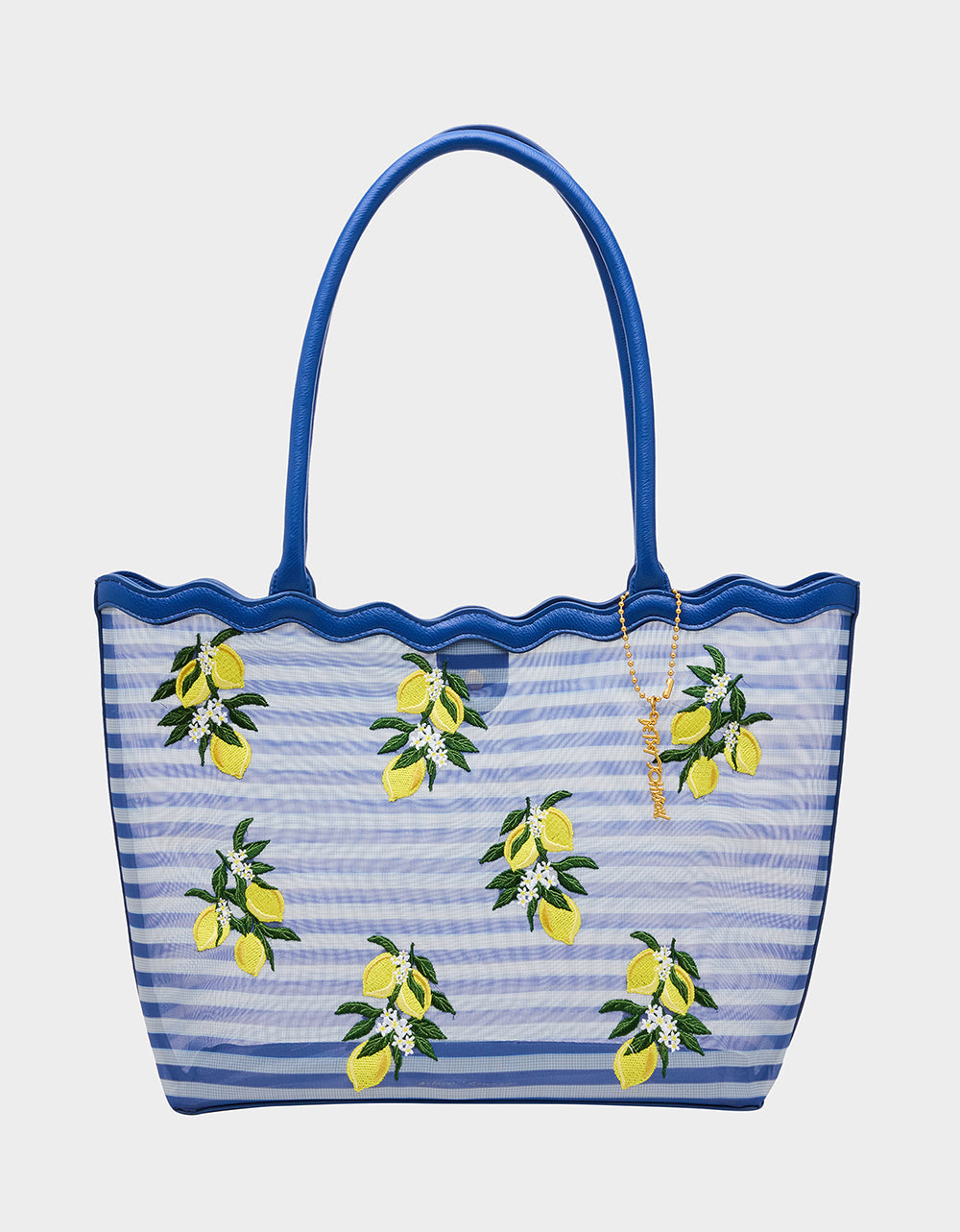 MESHIN AROUND TOTE BLUE/STRIPE Lemon Embroidered Mesh Women's Tote Handbag