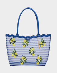 MESHIN AROUND TOTE BLUE/STRIPE Lemon Embroidered Mesh Women's Tote Handbag