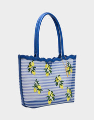 MESHIN AROUND TOTE BLUE/STRIPE Lemon Embroidered Mesh Women's Tote Handbag