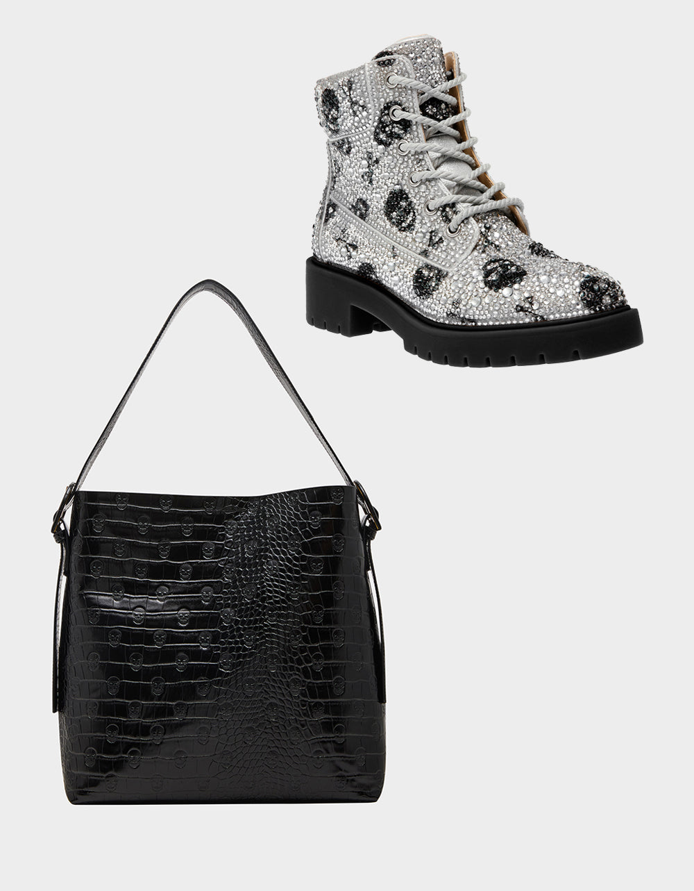 THE GOTH GIRL HOLIDAY BUNDLE Women's Rhinestone Skull Combat Boots and Black Bucket Handbag