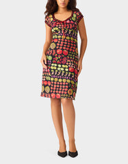 BETSEY'S FRUIT DRESS BLACK MULTI Women's Fruit Print Short-Sleeved Slip Dress