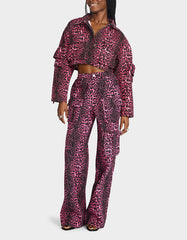 WILD IN PINK BUNDLE Women's Pink Leopard Cropped Jacket and Cargo Pant Set