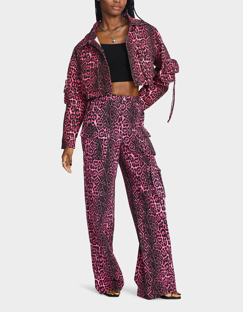 WILD IN PINK BUNDLE Women's Pink Leopard Cropped Jacket and Cargo Pant Set