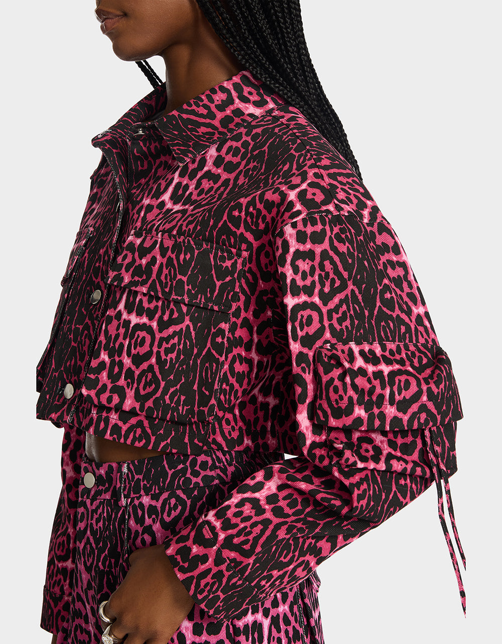 WILD IN PINK BUNDLE Women's Pink Leopard Cropped Jacket and Cargo Pant Set
