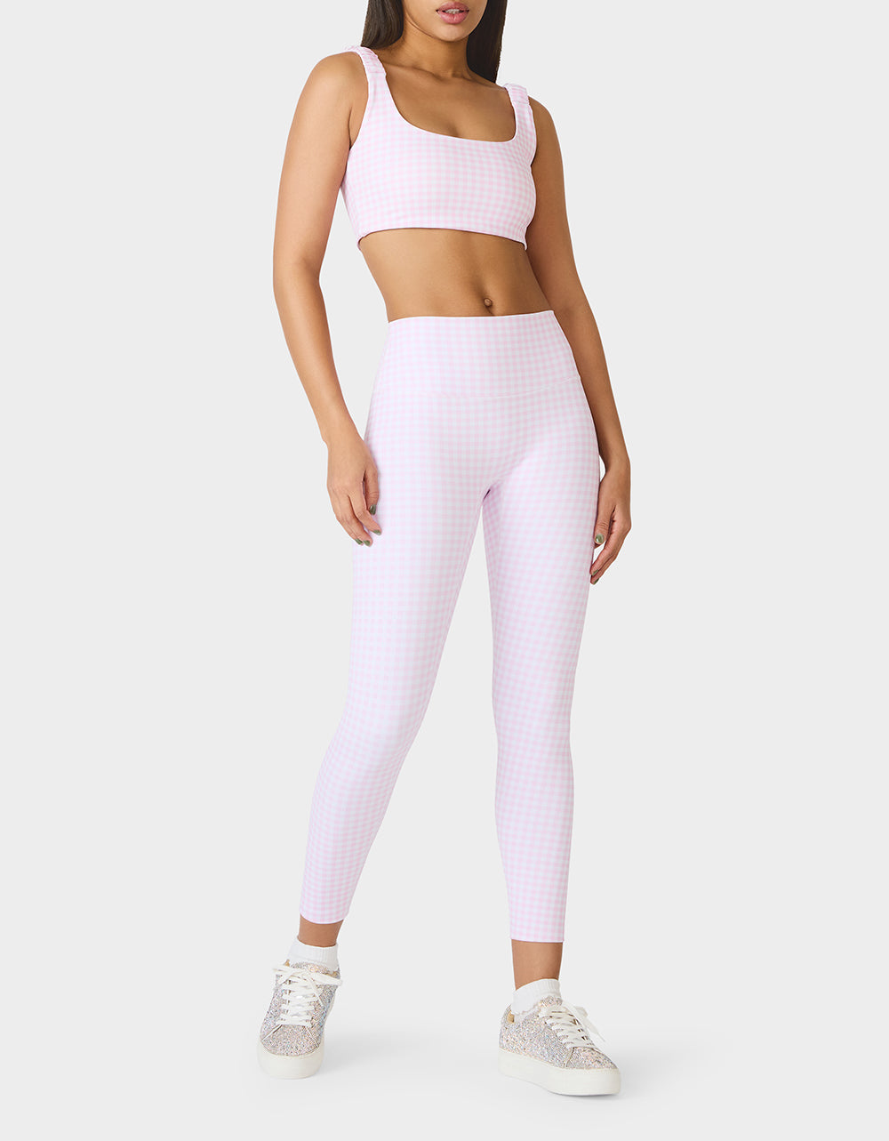 GINGHAM PRINT BRA TOP PINK MULTI Women's Activewear Pink Gingham Bra Top