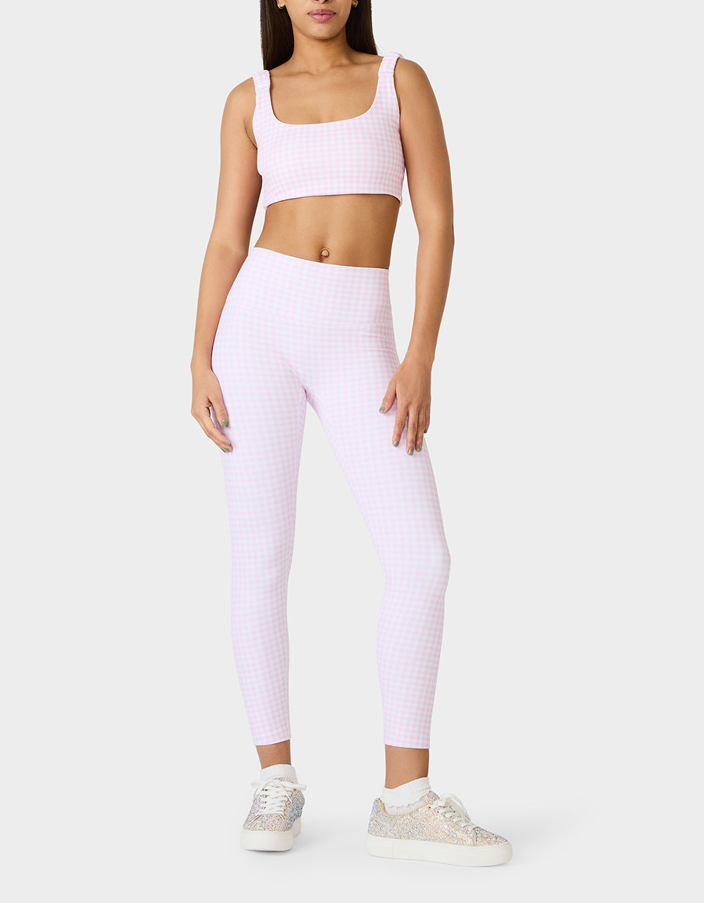 GINGHAM PRINT BRA TOP PINK MULTI Women's Activewear Pink Gingham Bra Top