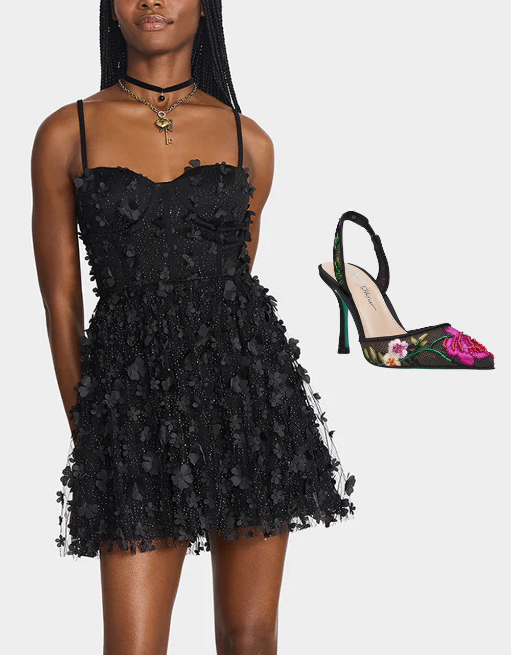 THE FLOWER CHILD HOLIDAY BUNDLE Women's Mini 3D Flower Dress Black and Floral Heel