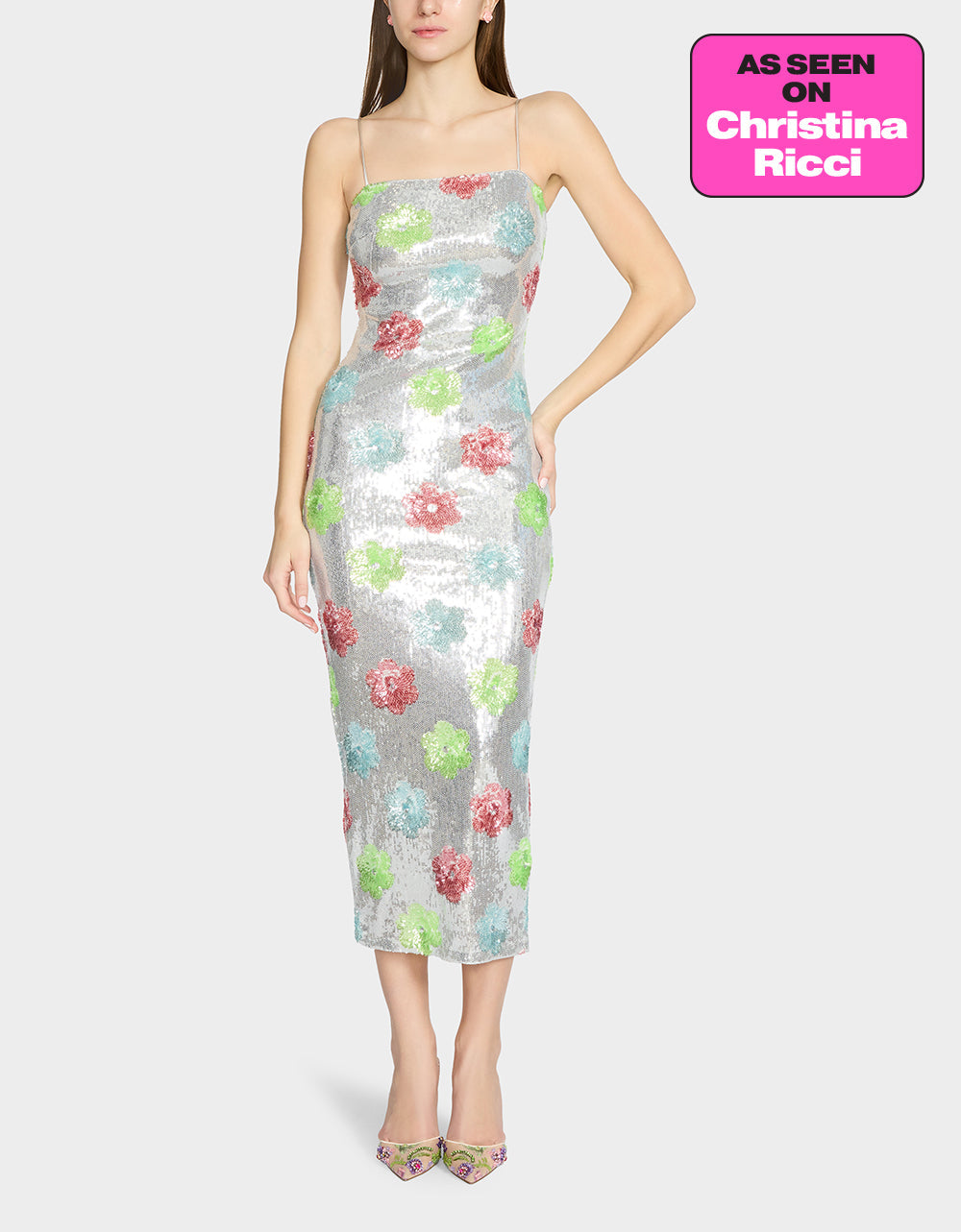 SASSY SEQUIN DRESS SILVER MULTI Embellished Sequin Flower Maxi Dress