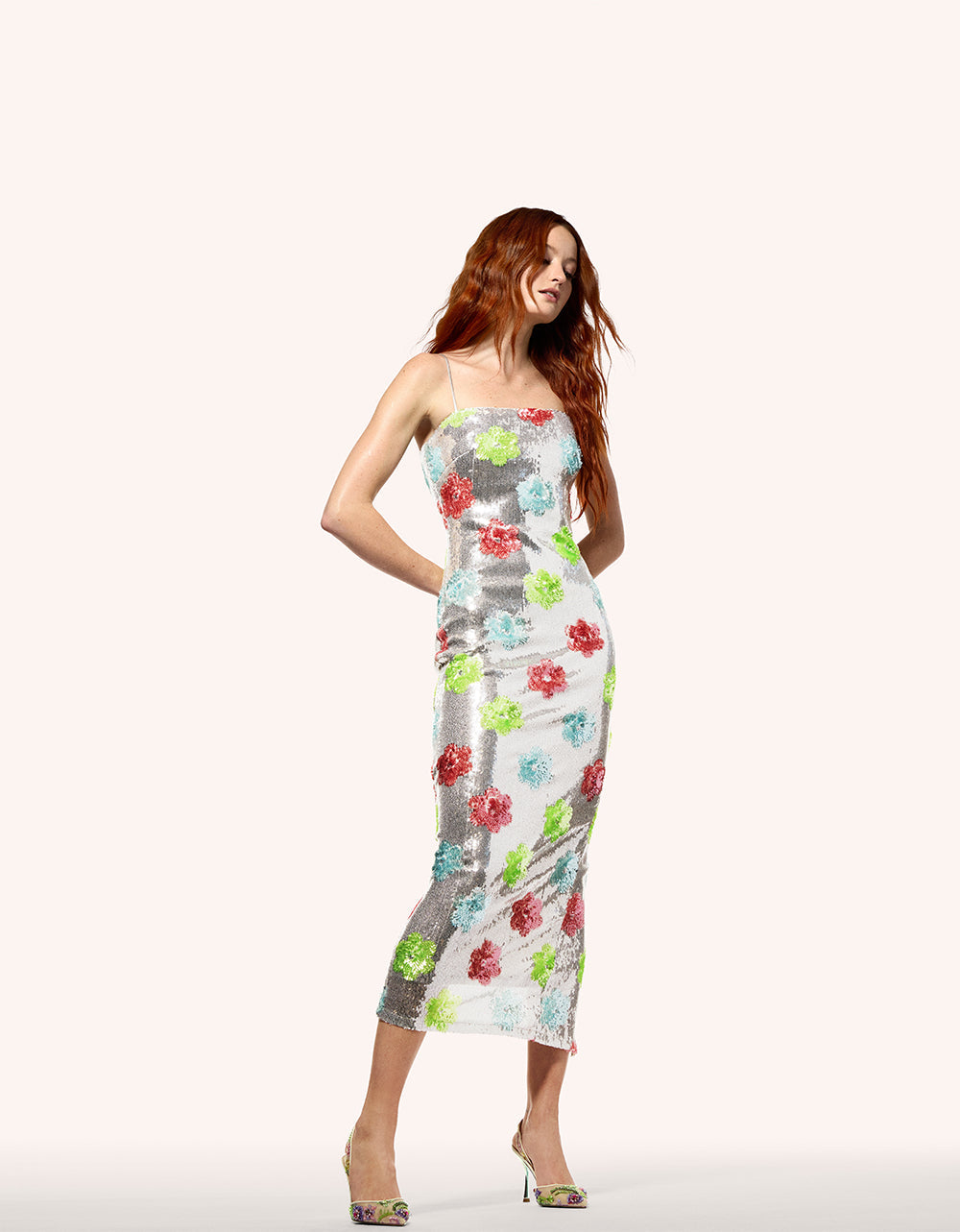 SASSY SEQUIN DRESS SILVER MULTI Embellished Sequin Flower Maxi Dress