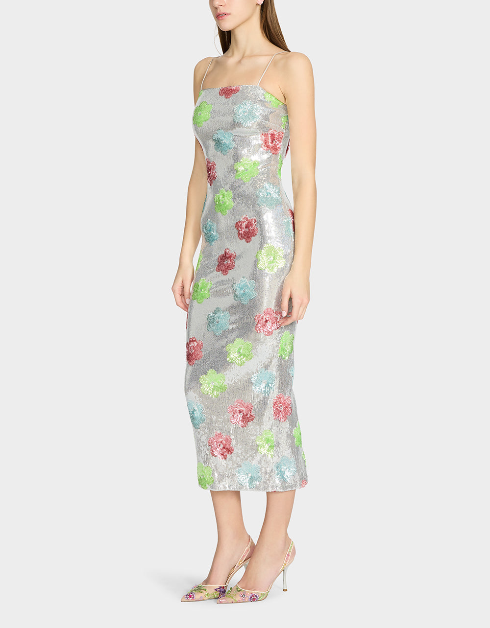 SASSY SEQUIN DRESS SILVER MULTI Embellished Sequin Flower Maxi Dress