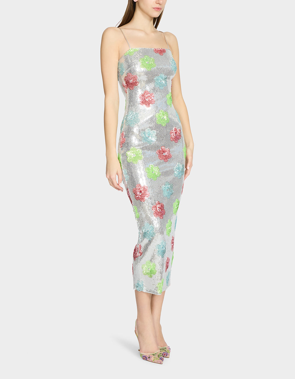 SASSY SEQUIN DRESS SILVER MULTI Embellished Sequin Flower Maxi Dress