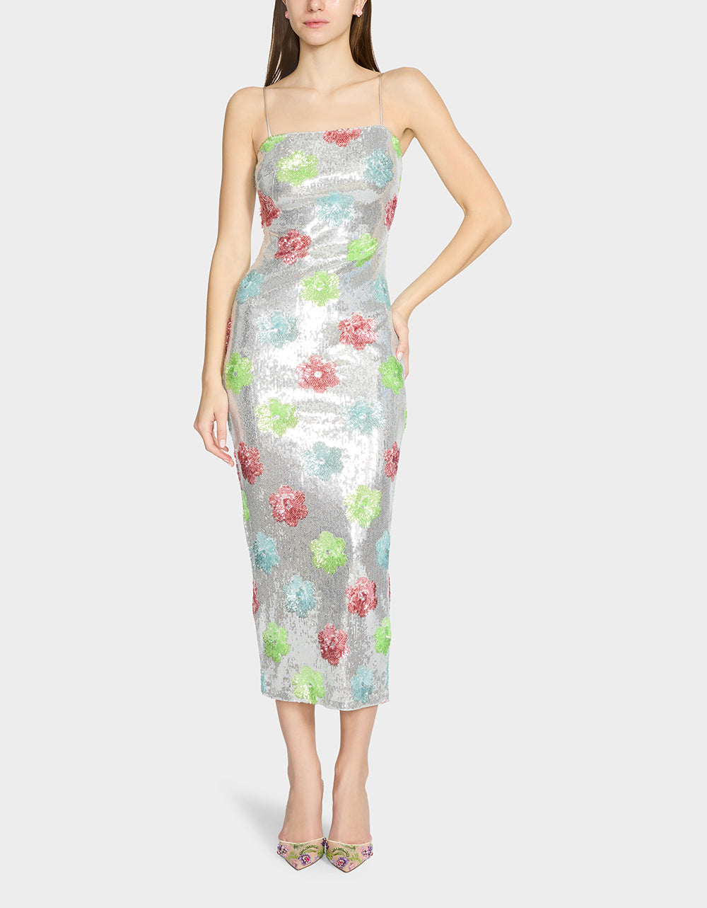 SASSY SEQUIN DRESS SILVER MULTI Embellished Sequin Flower Maxi Dress