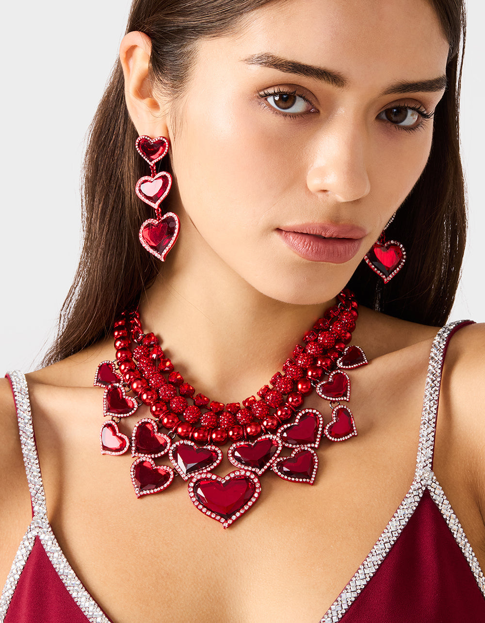 LOVE SPELL BIB NECKLACE RED Women's Valentines' Day Layered Heart Bib Necklace