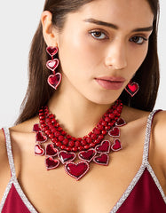 LOVE SPELL BIB NECKLACE RED Women's Valentines' Day Layered Heart Bib Necklace