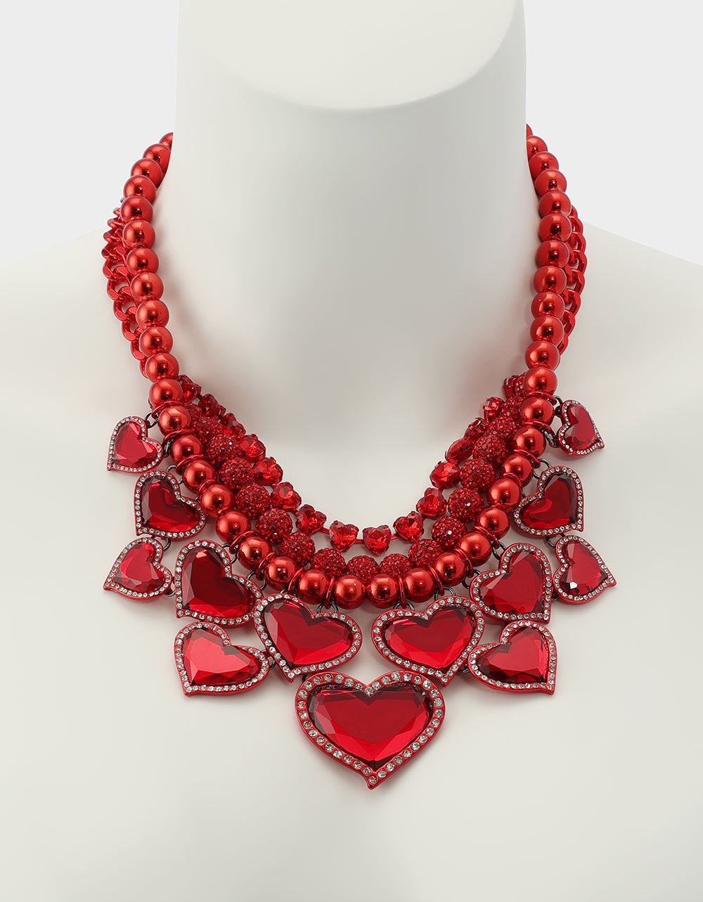 LOVE SPELL BIB NECKLACE RED Women's Valentines' Day Layered Heart Bib Necklace