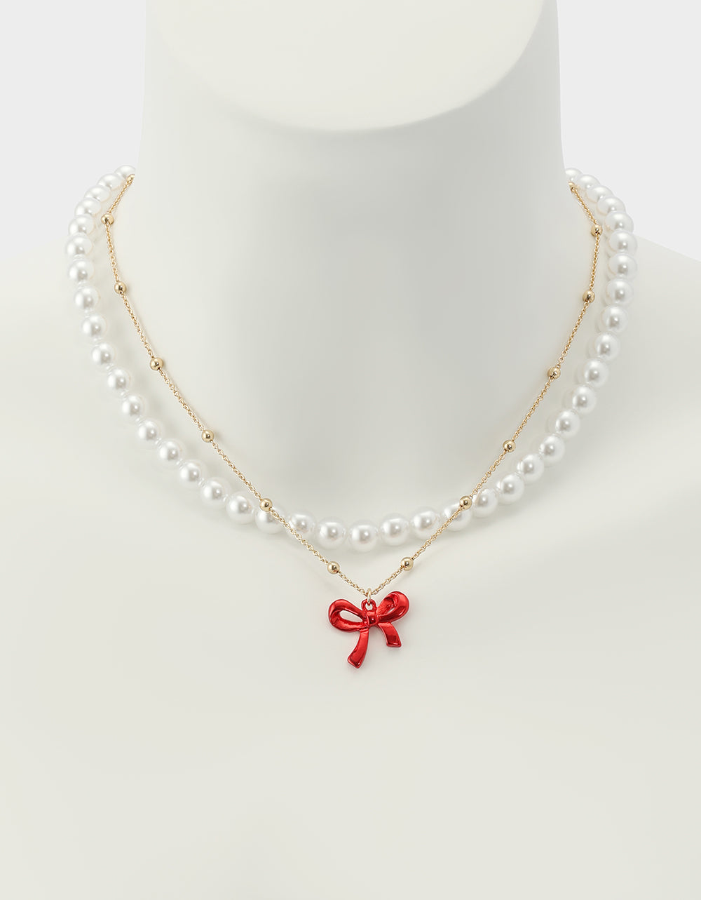 PEARL BOW NECLAKCE SET RED Women's Pearl Bow Valentine's Day Necklace Set