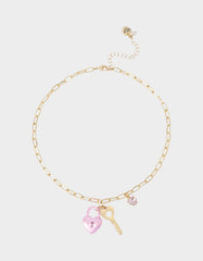 HEART LOCK SHORT PENDANT NECKLACE PINK Women's Valentine's Day Heart Pendant Necklace