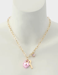 HEART LOCK SHORT PENDANT NECKLACE PINK Women's Valentine's Day Heart Pendant Necklace