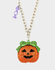 PUMPKIN PENDANT NECKLACE ORANGE Women's Halloween-Themed Pumpkin Rhinestone Pendant Necklace