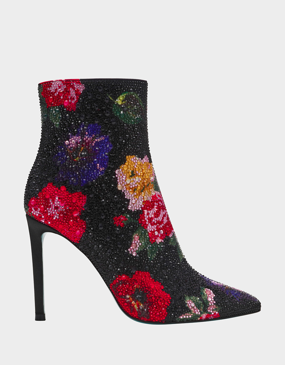 BELLE BLACK FLOWER MULTI Women's Rhinestone Pointed Toe Ankle Bootie