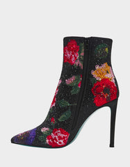 BELLE BLACK FLOWER MULTI Women's Rhinestone Pointed Toe Ankle Bootie
