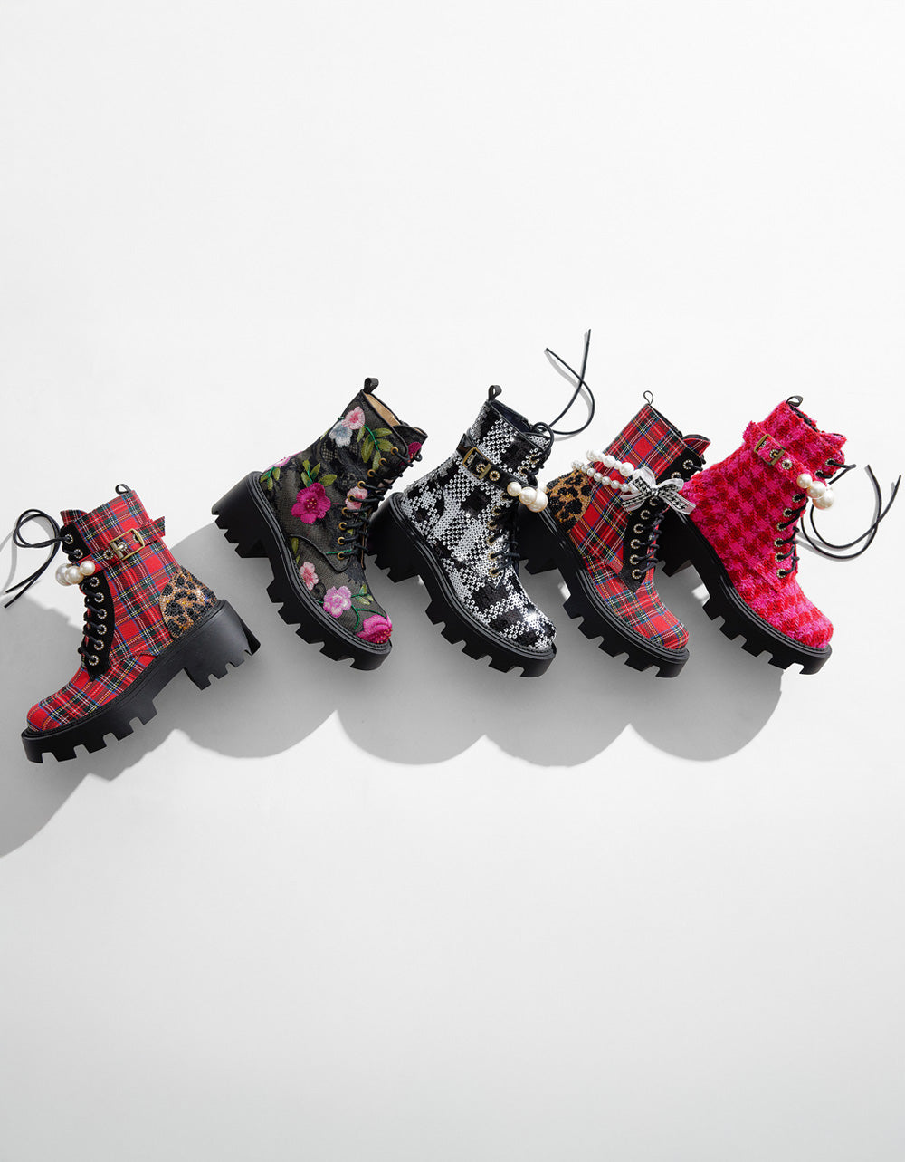 JONNIE BLACK WHITE PLAID Lace-Up Platform Combat Women's Ankle Boot