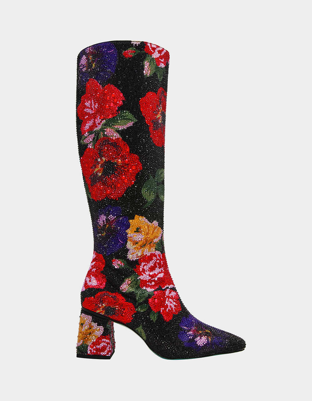 AVON BLACK FLOWER MULTI Women's Knee High Rhinestone Floral Boots