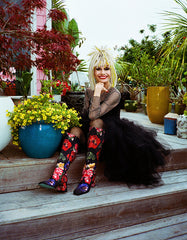 AVON BLACK FLOWER MULTI Women's Knee High Rhinestone Floral Boots