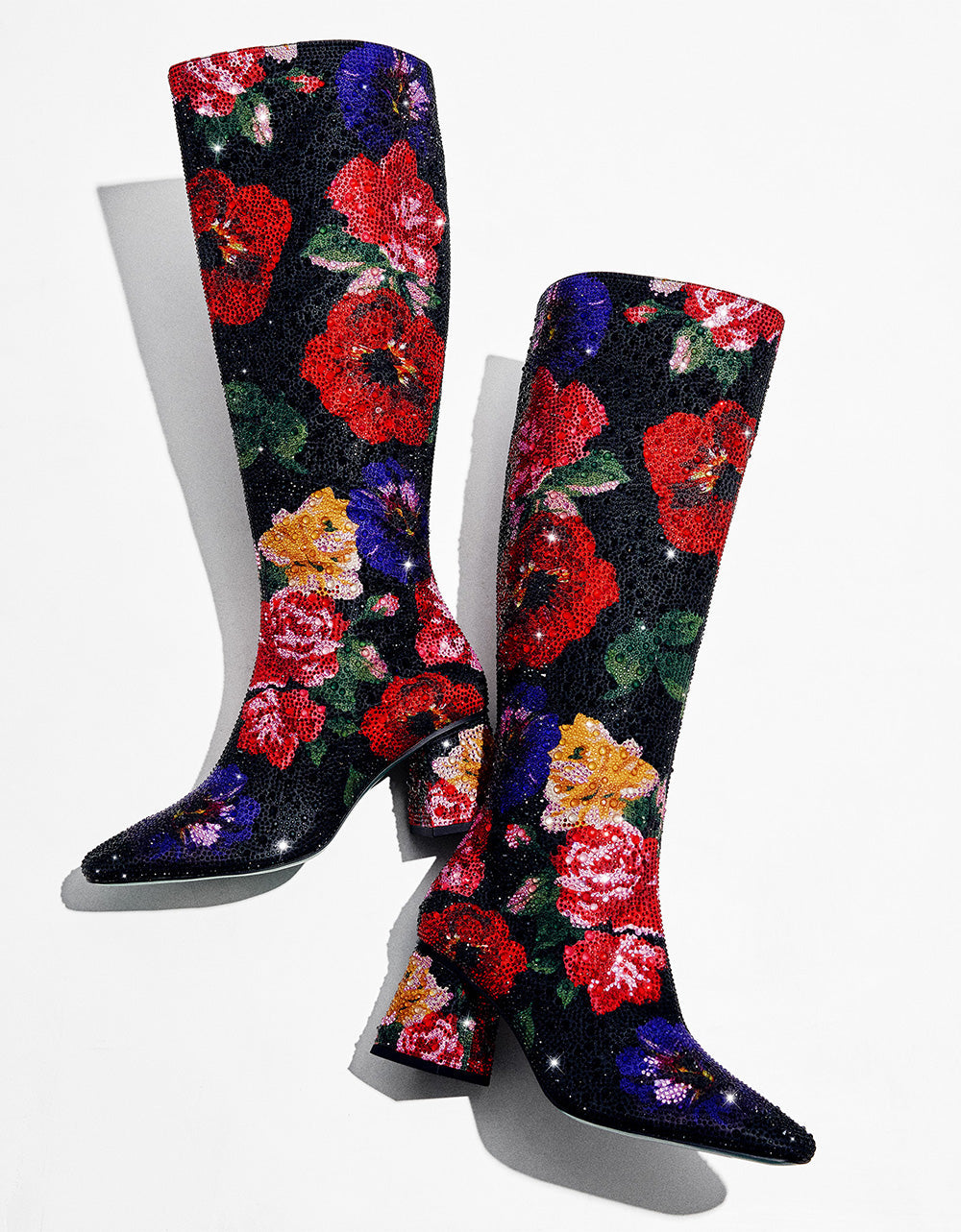 AVON BLACK FLOWER MULTI Women's Knee High Rhinestone Floral Boots