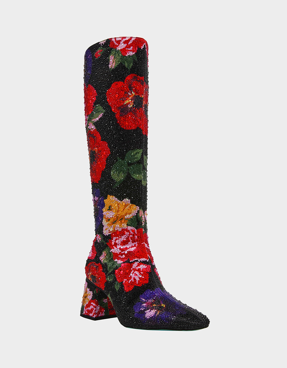 AVON BLACK FLOWER MULTI Women's Knee High Rhinestone Floral Boots